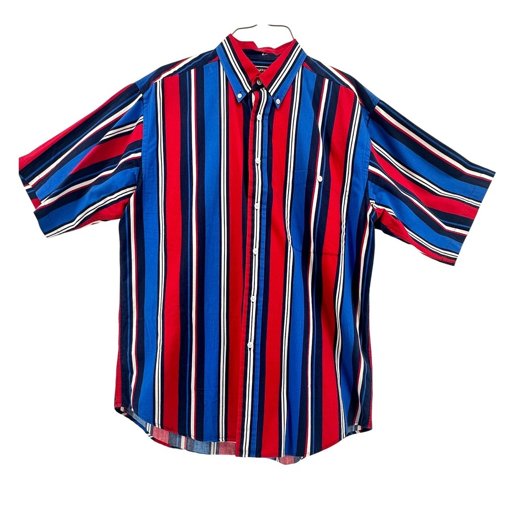 Vintage Roundtree & Yorke Men Red Blue Stripe Short Sleeve Button Down Shirt Med